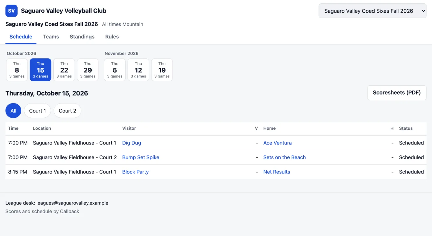 Atromos's league site: the Coed Sixes schedule for one Thursday, each match's time, court and teams.