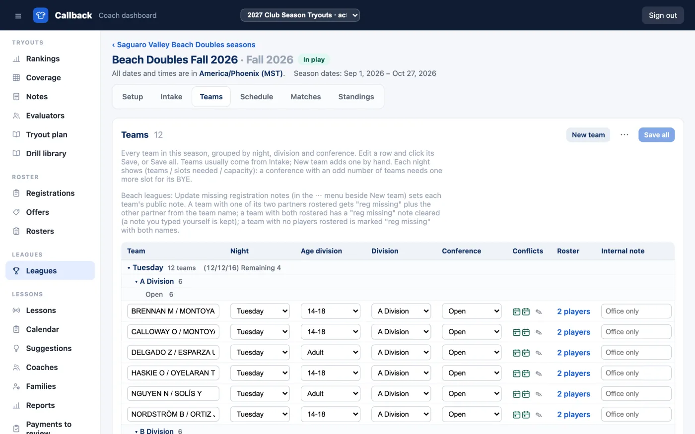 The Teams page for Atromos's Beach Doubles Fall 2026 season, with its teams grouped by night, division and conference.