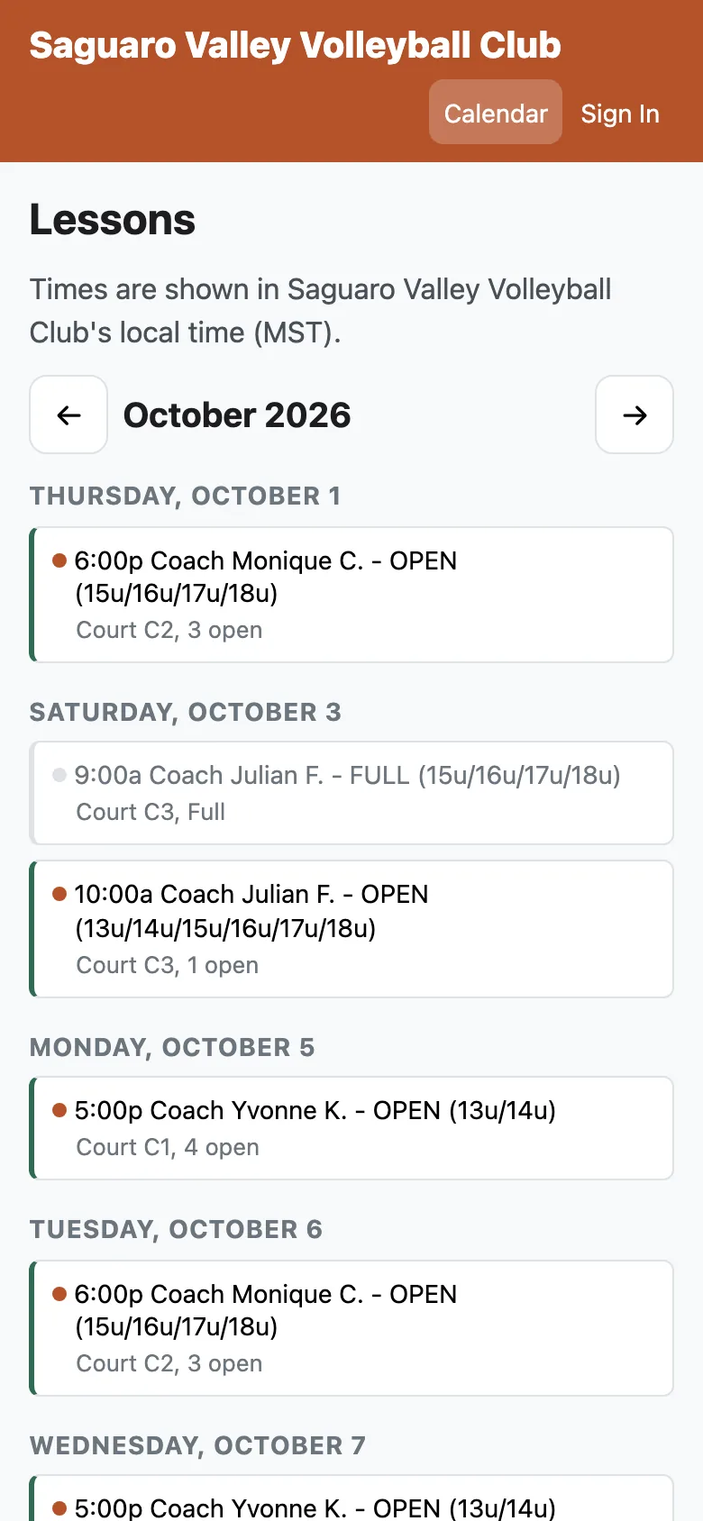 The lesson calendar on a phone: October's open lessons as a list, with the coach, age groups, court and spots left.