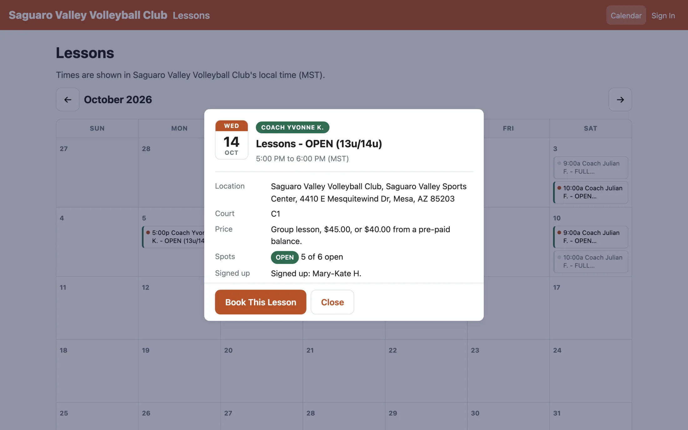 Atromos's lesson calendar for October with a group lesson open: the coach, time, court, price, spots left and the Book This Lesson button.