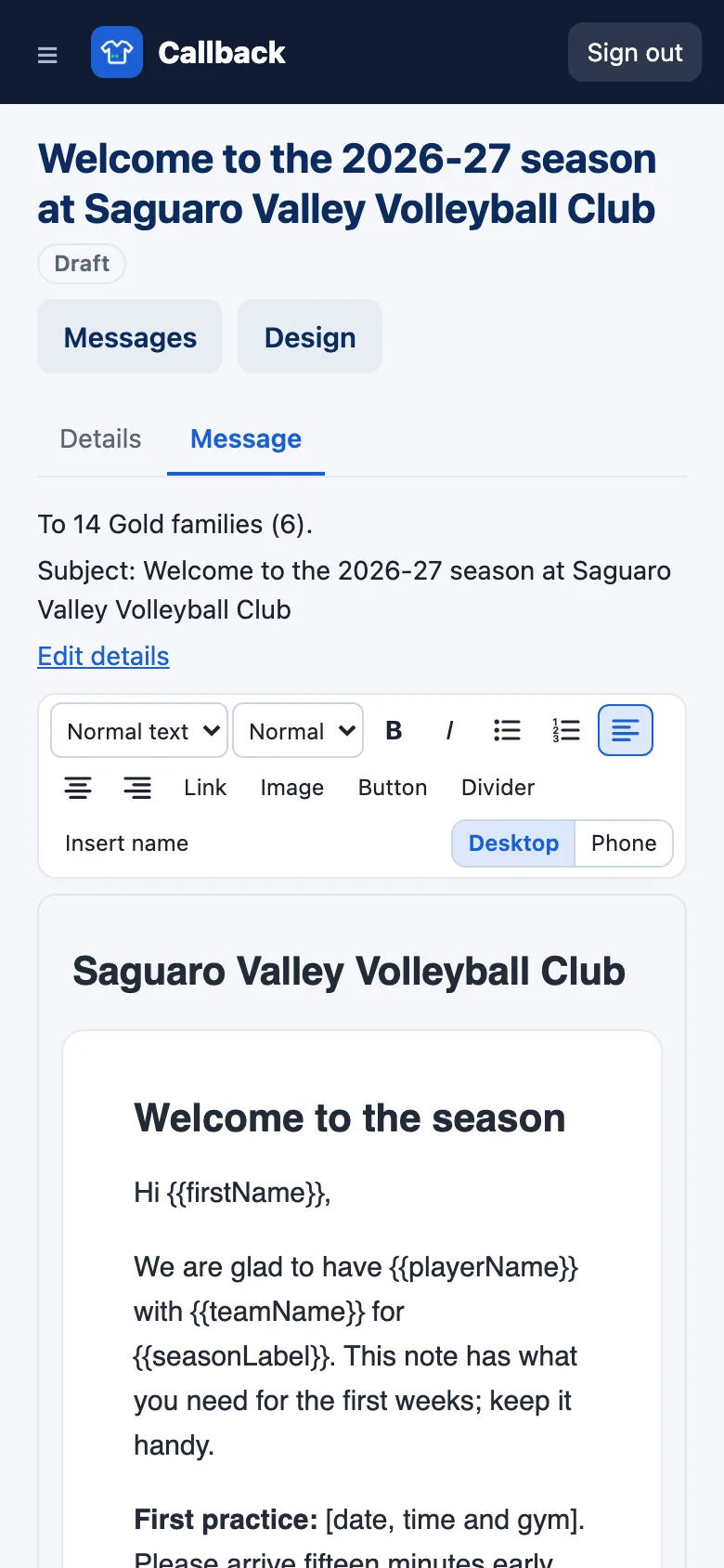 The welcome email on a phone: the toolbar, then the email's heading and its first paragraphs.