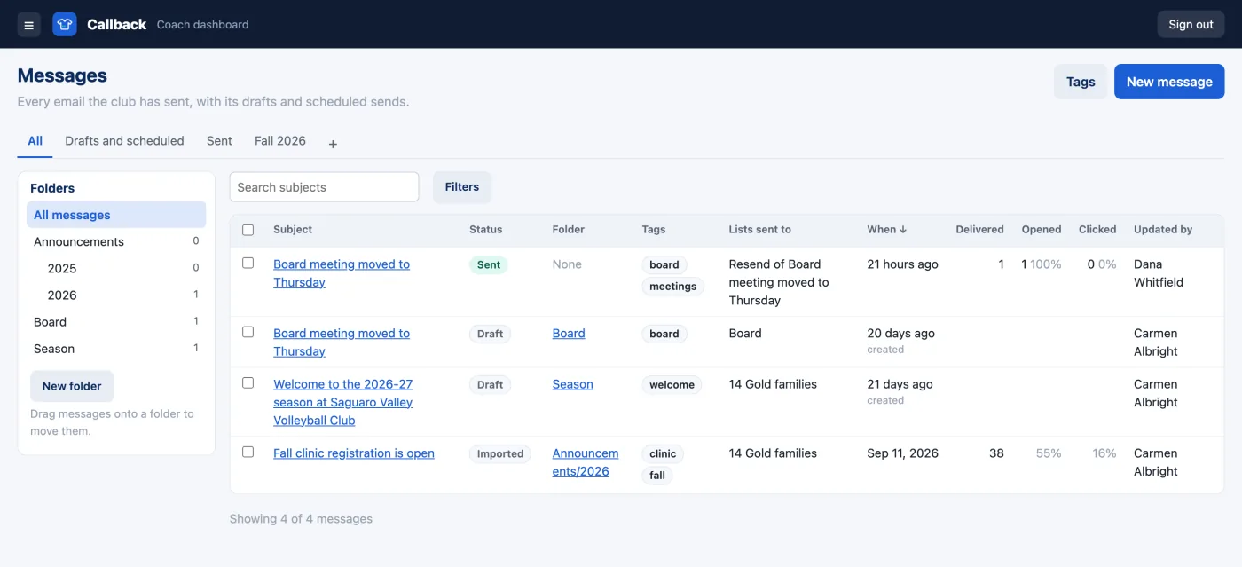 Atromos's Messages: the folder tree, the view tabs and four messages with their status, tags, lists and open rates.