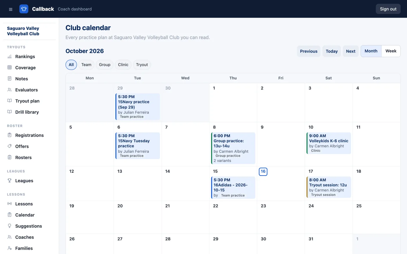 Atromos's club calendar for October 2026: team practices, a group practice with two variants, a clinic and a tryout session.