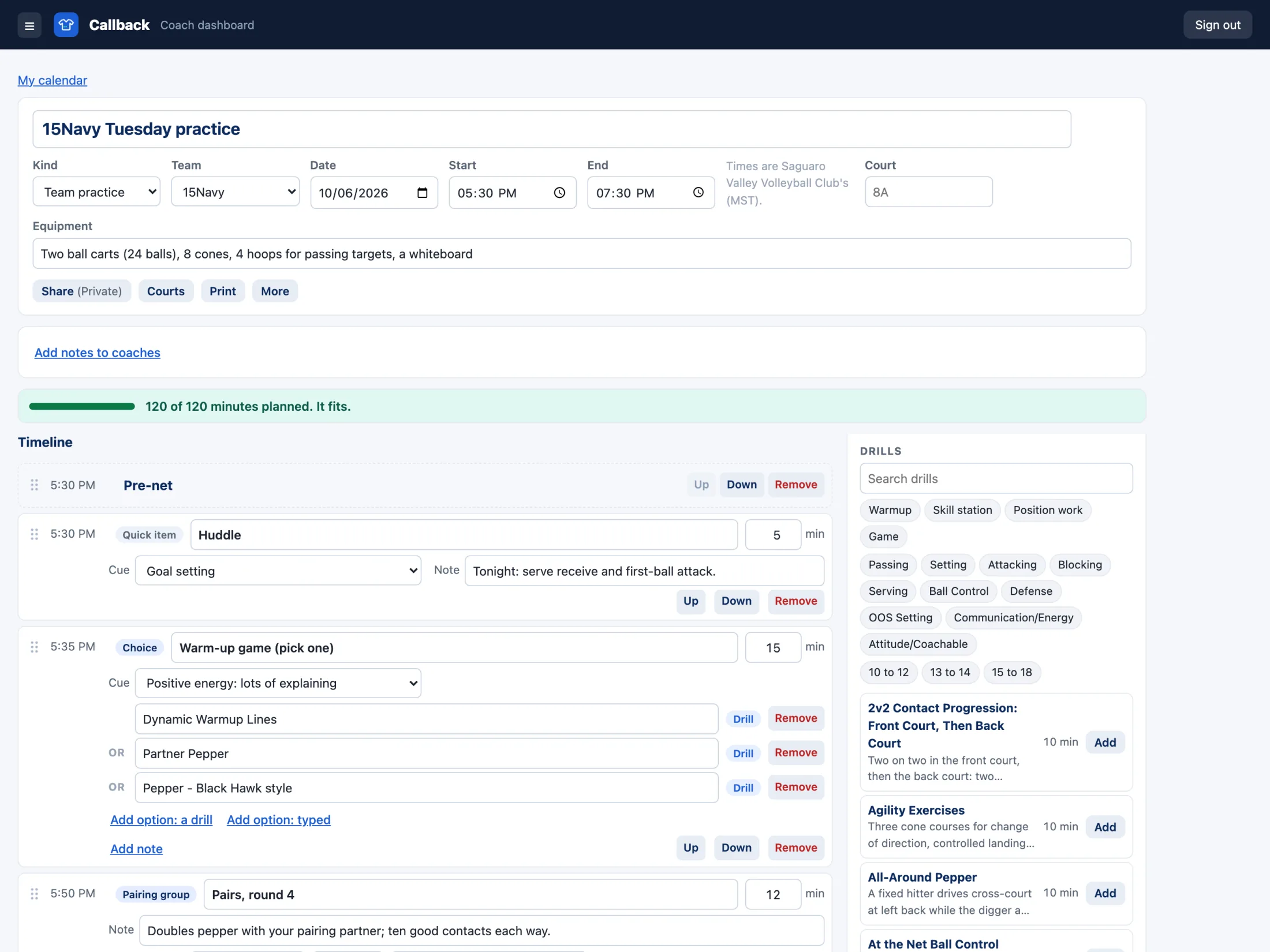 The plan editor with Atromos's 15Navy Tuesday practice: timed blocks filling 120 of 120 minutes, and the club's drill list beside the timeline.