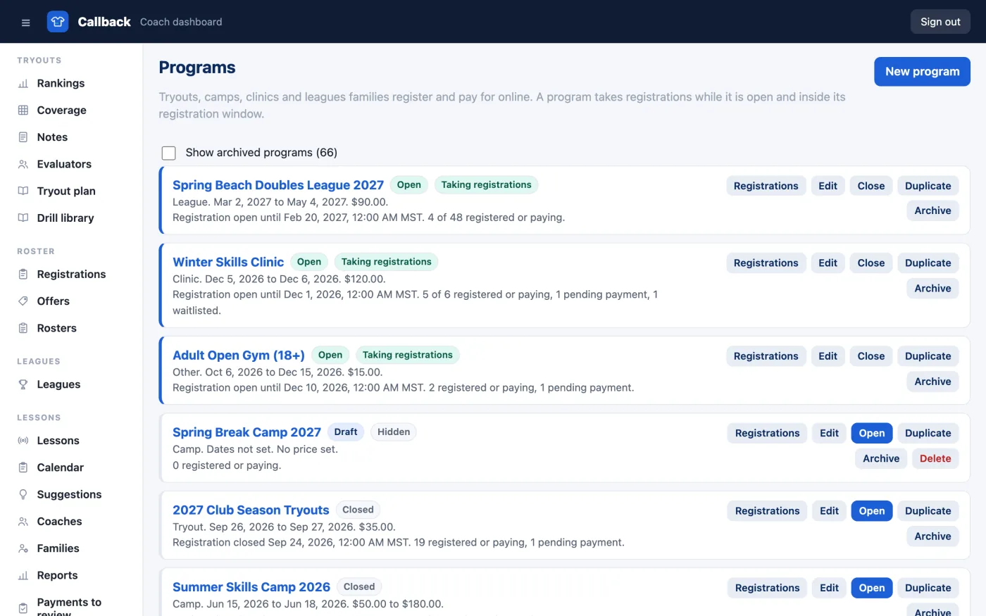 The Programs list: each program's status, dates, price range and how many families are registered or paying.