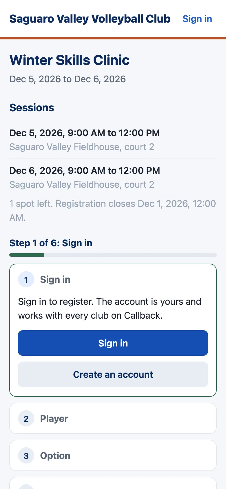 A program's registration form on a phone: the Winter Skills Clinic's sessions and the six steps from signing in to paying.