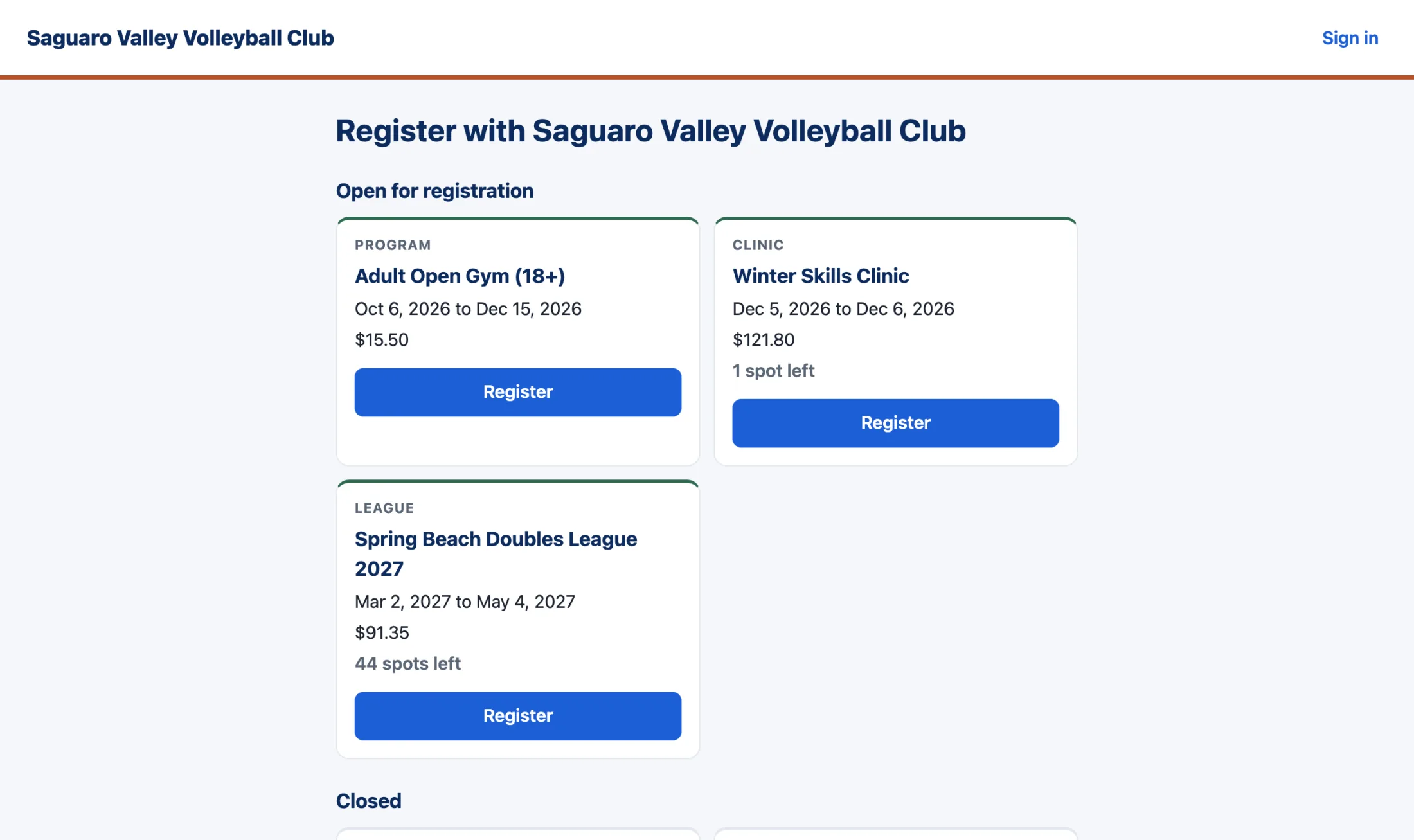 Atromos's registration page with three programs open: an adult open gym, a winter clinic and a spring beach doubles league.