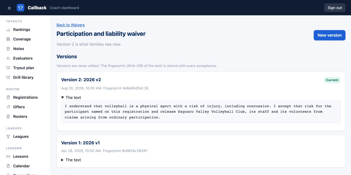 A waiver's versions: the current text and the earlier one, each with the fingerprint stored with every acceptance.